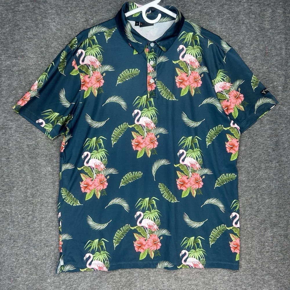 Yatta Golf Polo shirt Mens Medium‎ Green Flamingo Floral Hawaiian Print